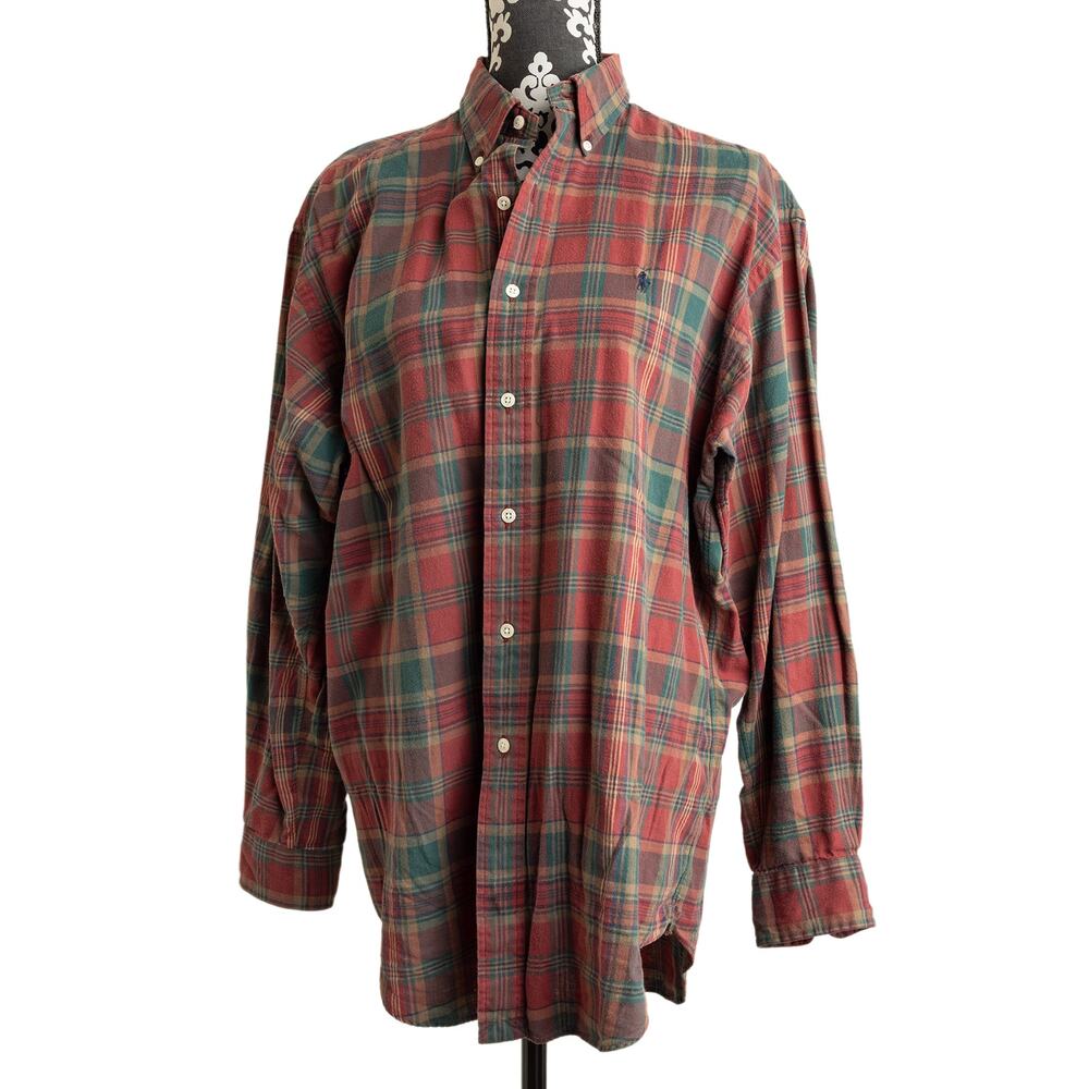 Men's Red Plaid Ralph Lauren Front Button 100% Cotton Long Sleeve Shirt - M